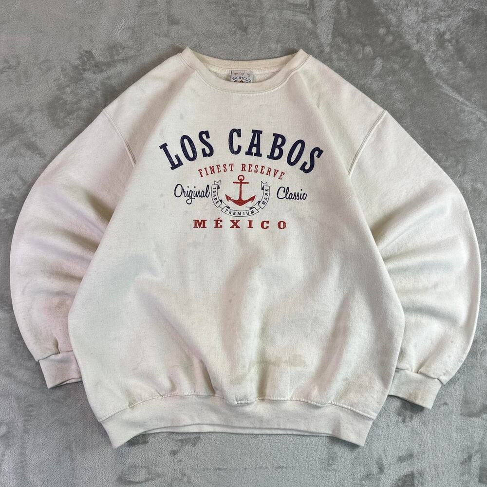 VTG 90s Los Cabos Mexico Crewneck Sweatshirt Tourist Graphic Anchor White Large